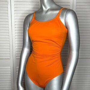 Vtg 80s CHRISTINA USA Orange One Piece High Leg Low Cut Back Ruched Swimsuit 8